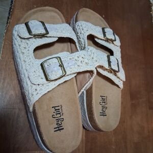 Corkys Beige Crochet Buckle Sandals